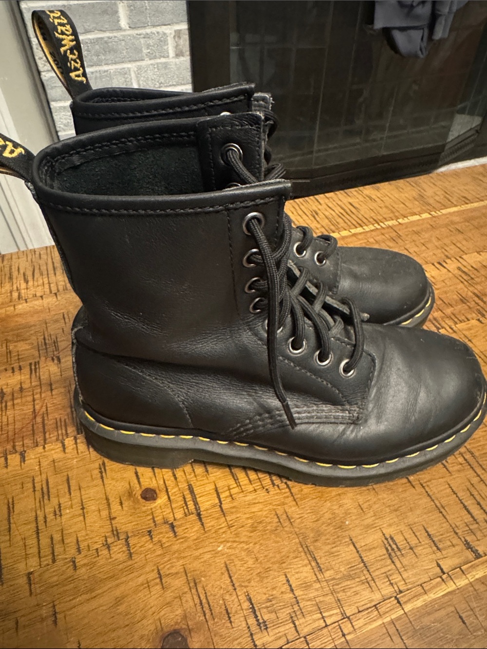 Dr. Martens Black Lace-Up Combat Ankle Boots with Yellow Stitching